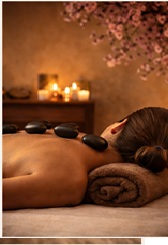 Woman with hot massage stones on her back