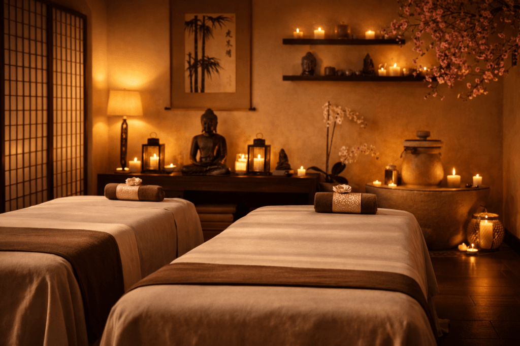 Asian-inspired massage room with warm lighting, massage tables, candles, and calming decor