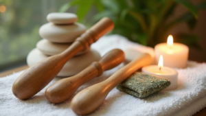Asian massage wellness setup with massage stones, candles and towels
